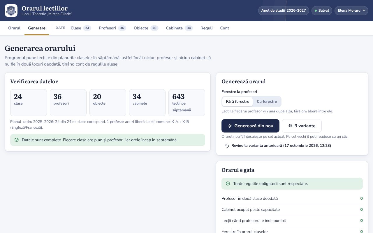 Pagina „Generare” din cabinetul școlii, cu orarul gata